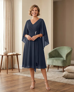 Tea-Length-Chiffon-Mother-of-the-Bride-Dress-with-V-Neck-Navy-Blue-1