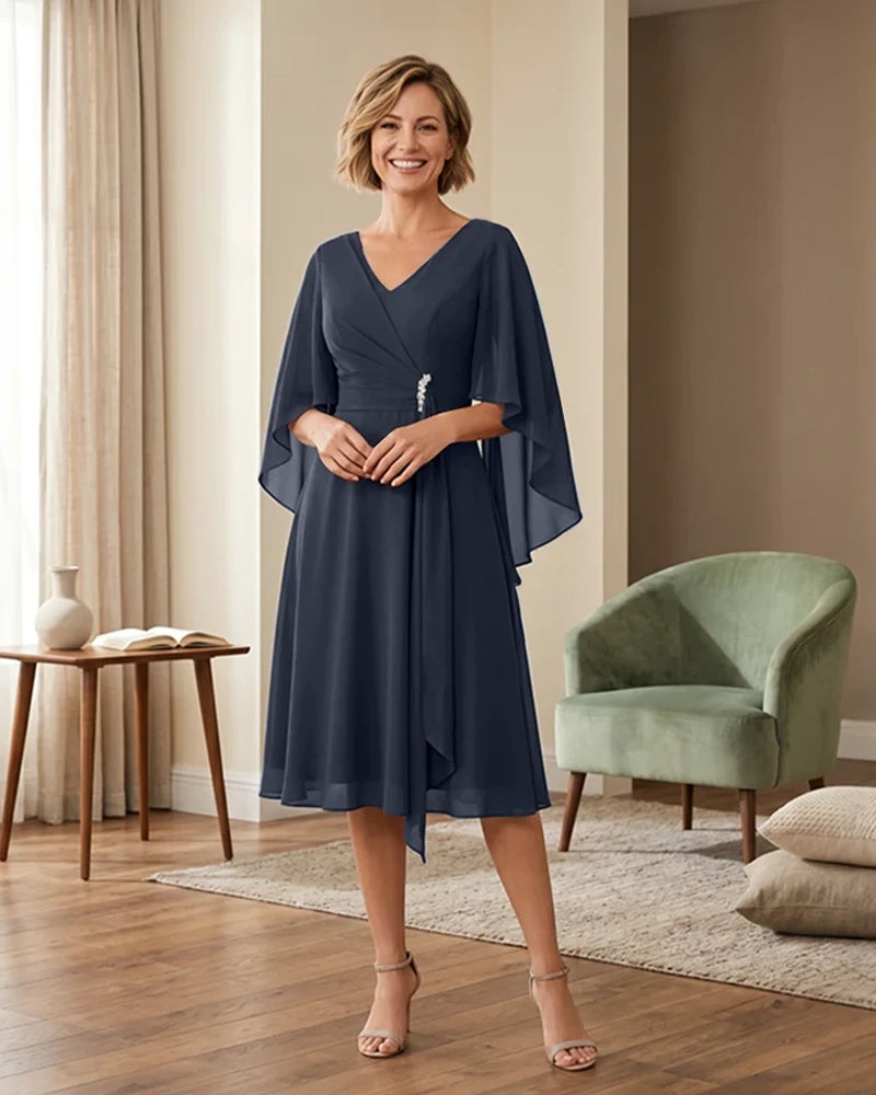 Tea-Length-Chiffon-Mother-of-the-Bride-Dress-with-V-Neck-Navy-Blue-1