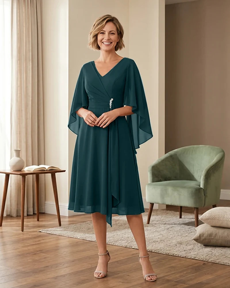 Tea-Length-Chiffon-Mother-of-the-Bride-Dress-with-V-Neck-Peacock-1