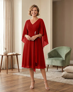Tea-Length-Chiffon-Mother-of-the-Bride-Dress-with-V-Neck-Red-1