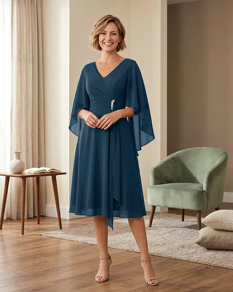Tea-Length-Chiffon-Mother-of-the-Bride-Dress-with-V-Neck-Teal-1