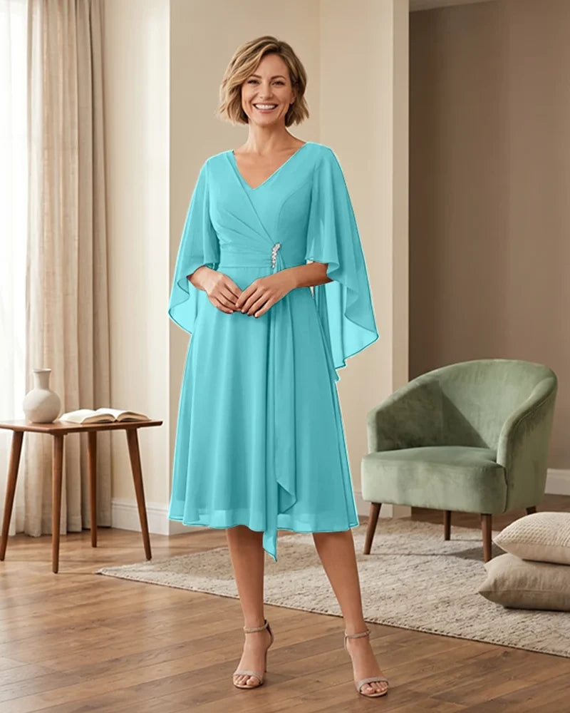 Tea-Length-Chiffon-Mother-of-the-Bride-Dress-with-V-Neck-Turquoise-1