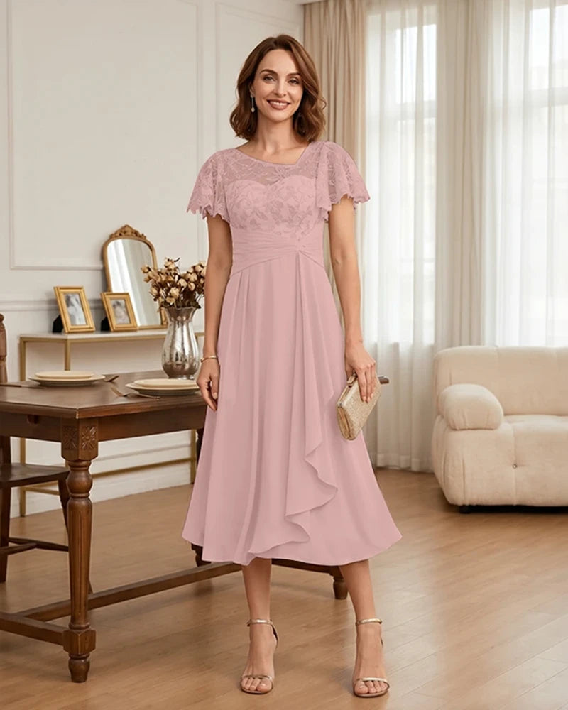 Floral Lace Overlay Layered Mother of the Bride Dress