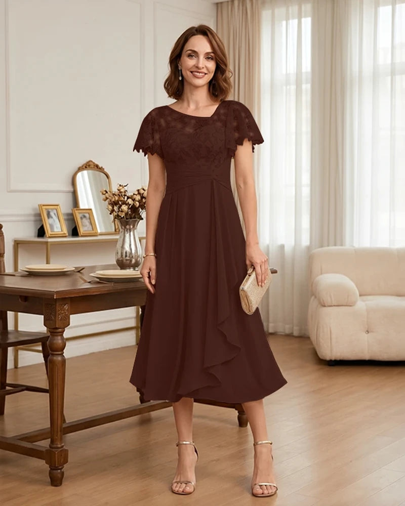 Floral Lace Overlay Layered Mother of the Bride Dress