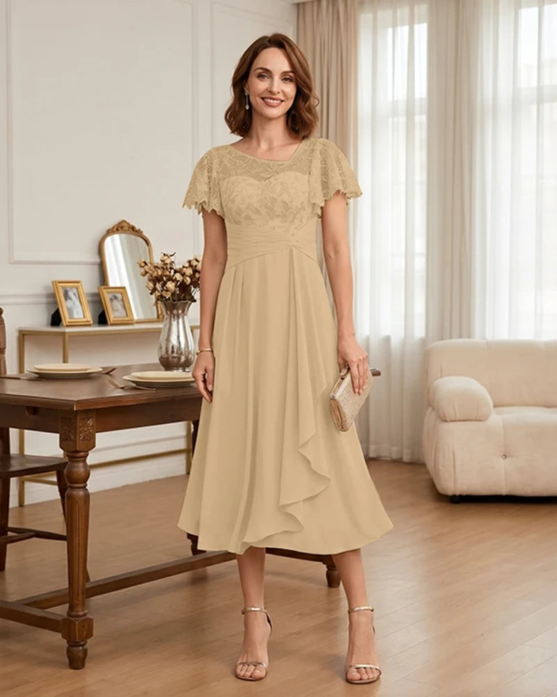Floral Lace Overlay Layered Mother of the Bride Dress