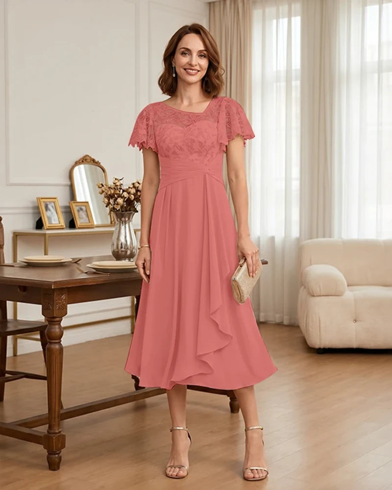 Floral Lace Overlay Layered Mother of the Bride Dress