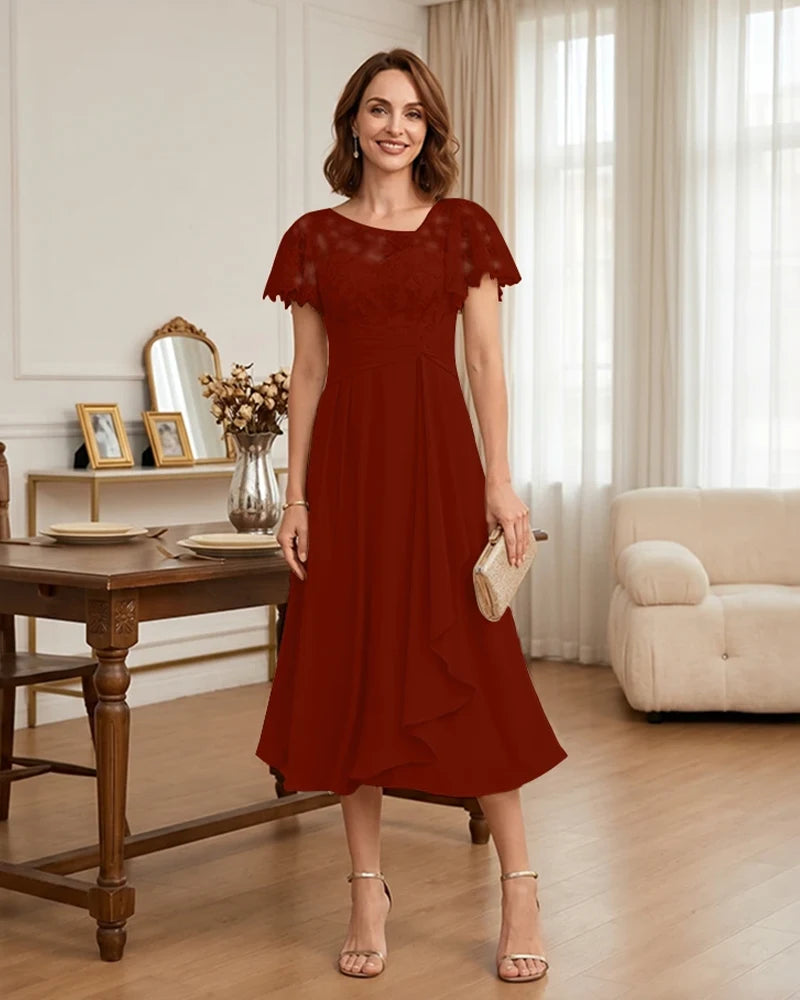 Floral Lace Overlay Layered Mother of the Bride Dress