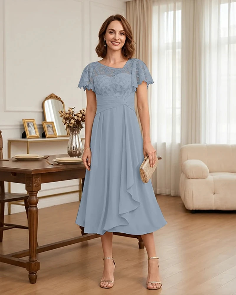 Floral Lace Overlay Layered Mother of the Bride Dress