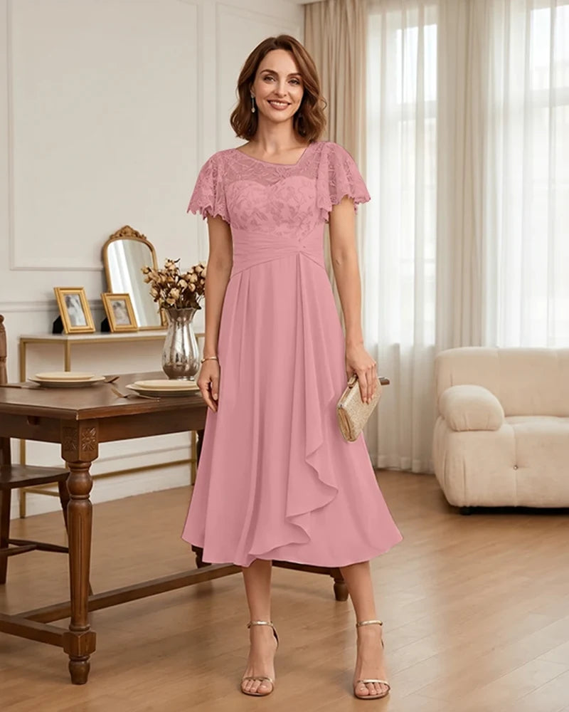 Floral Lace Overlay Layered Mother of the Bride Dress