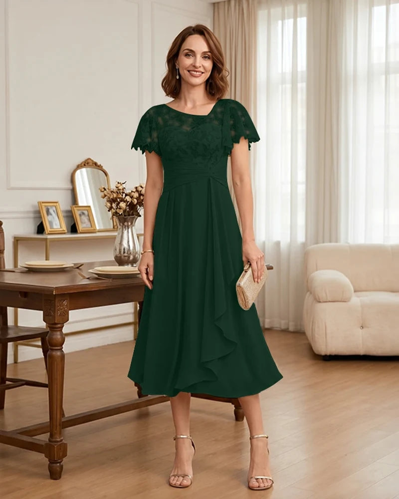Floral Lace Overlay Layered Mother of the Bride Dress