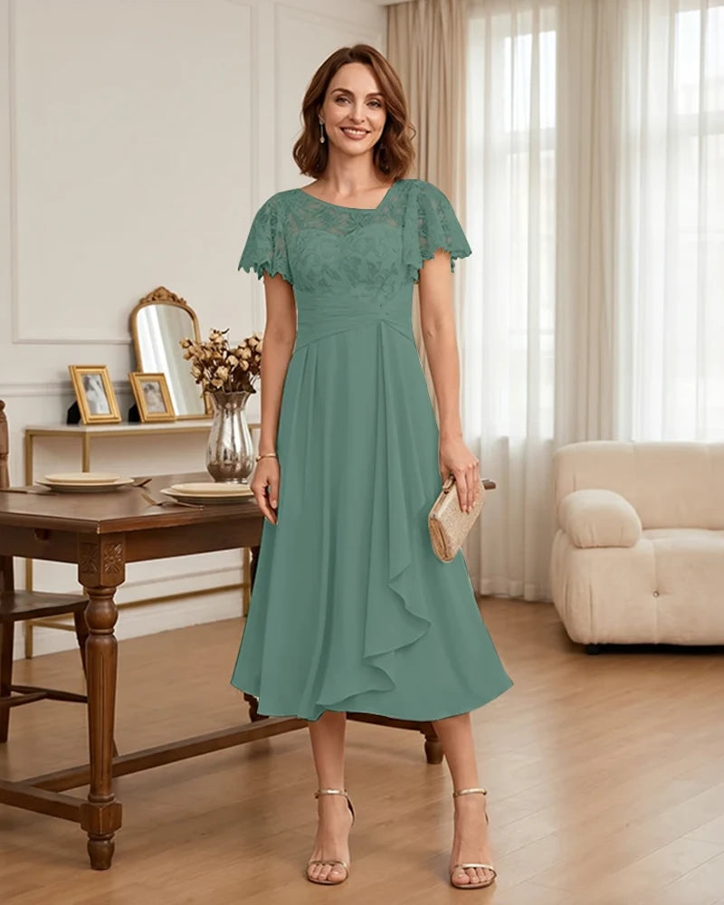 Floral Lace Overlay Layered Mother of the Bride Dress