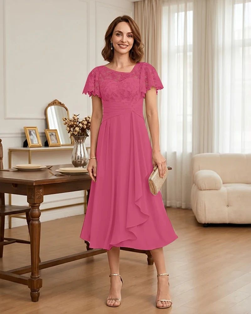 Floral Lace Overlay Layered Mother of the Bride Dress