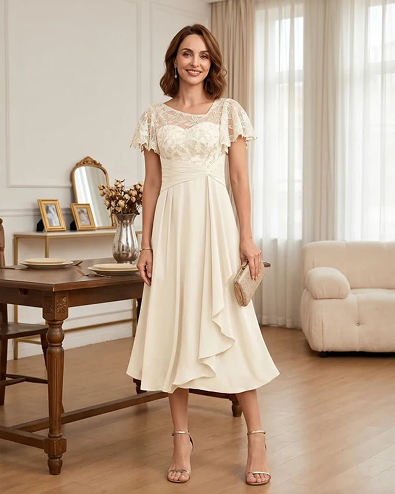 Floral Lace Overlay Layered Mother of the Bride Dress