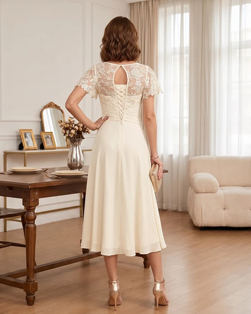 Floral Lace Overlay Layered Mother of the Bride Dress
