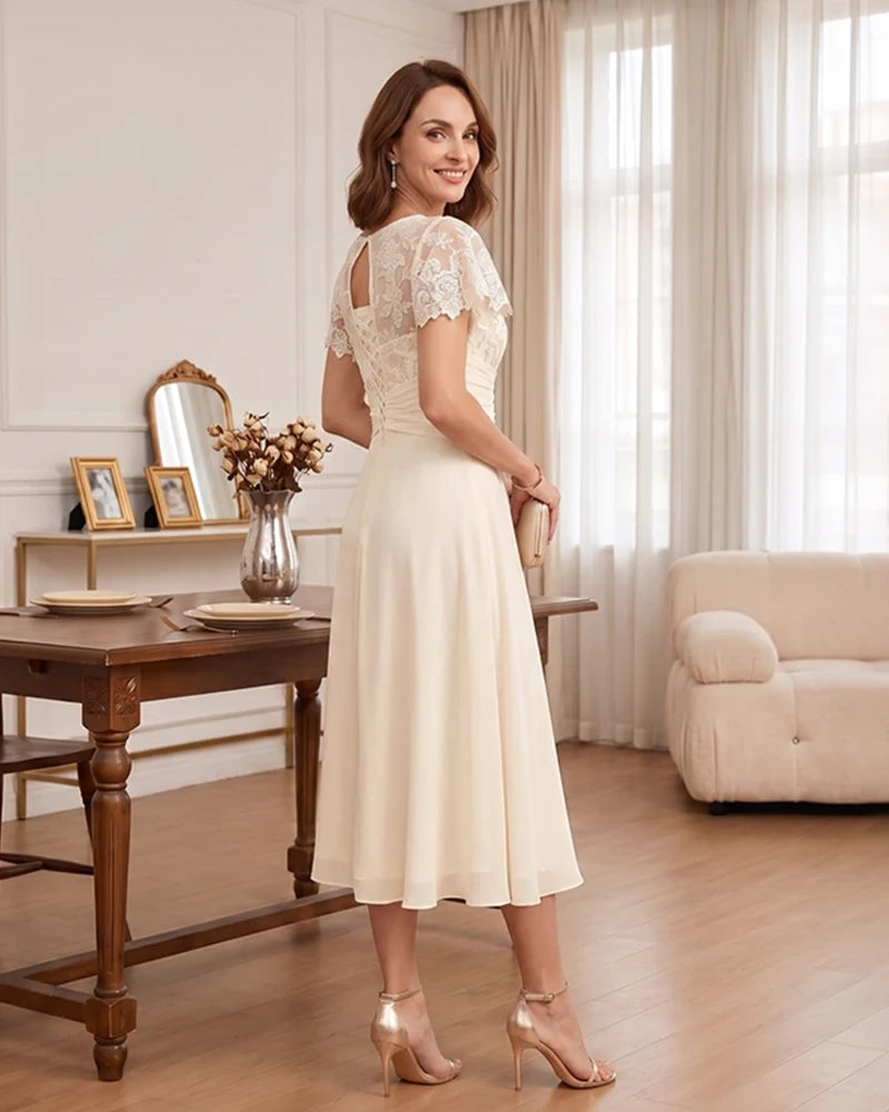 Floral Lace Overlay Layered Mother of the Bride Dress