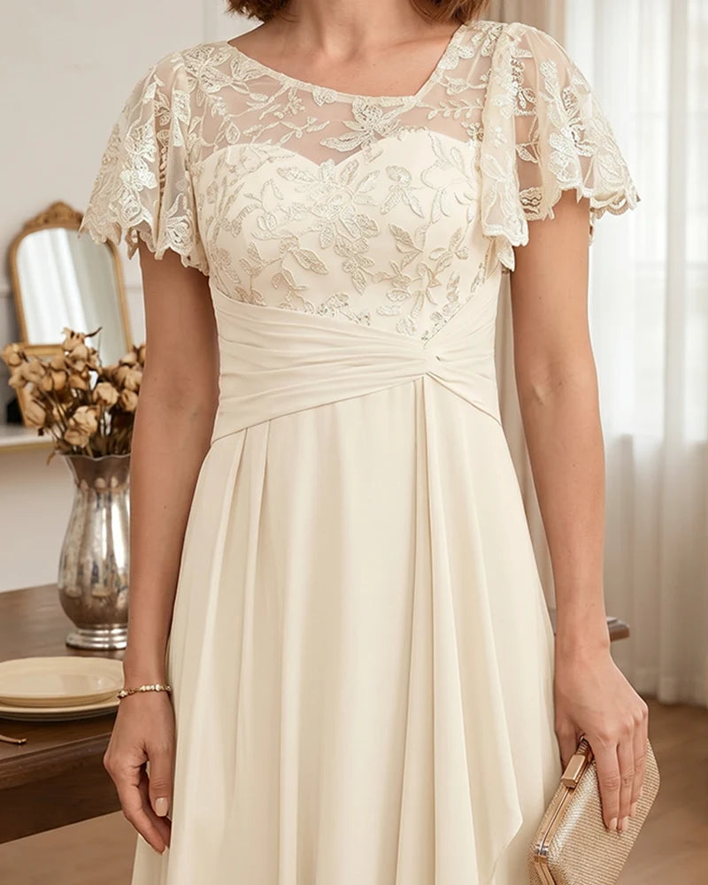 Floral Lace Overlay Layered Mother of the Bride Dress