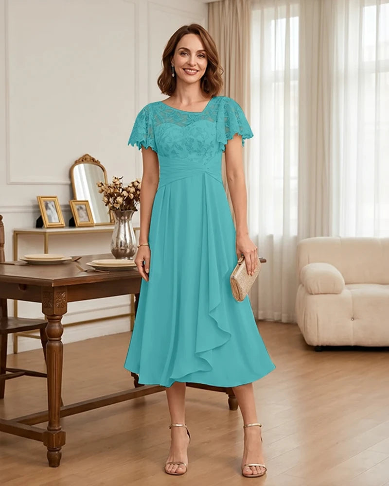Floral Lace Overlay Layered Mother of the Bride Dress