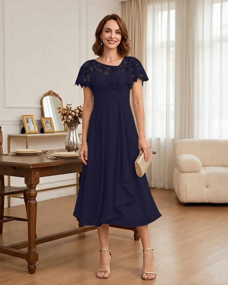 Floral Lace Overlay Layered Mother of the Bride Dress