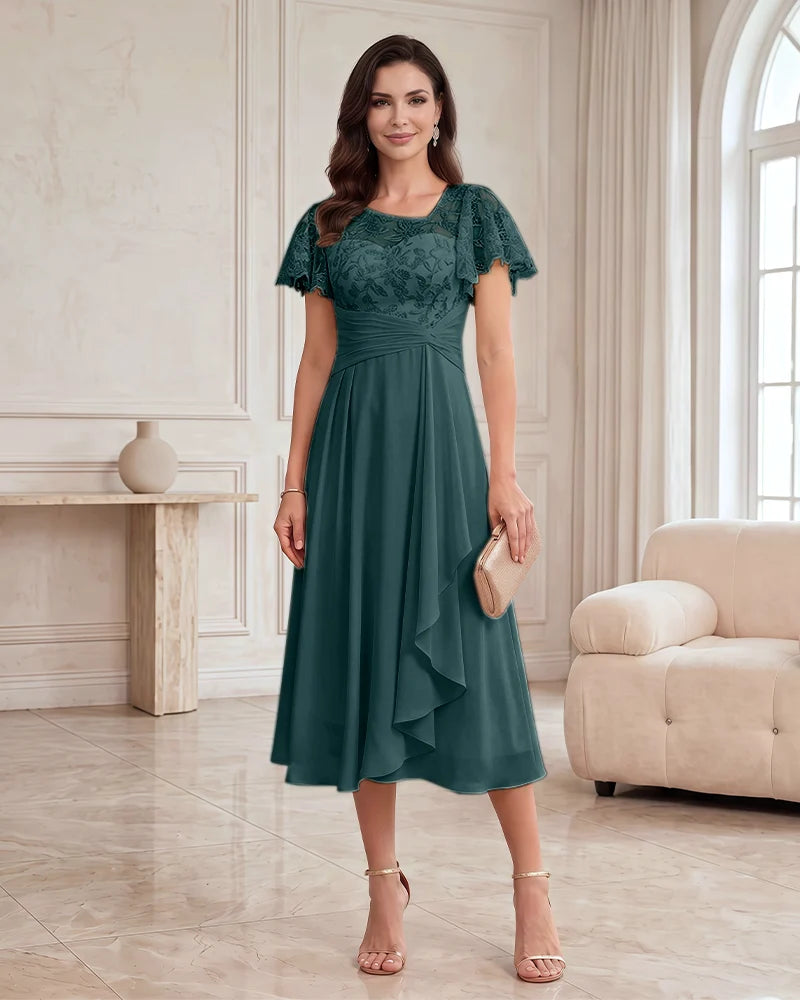 Floral Lace Overlay Layered Mother of the Bride Dress