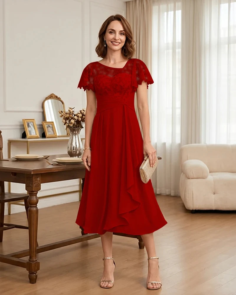 Floral Lace Overlay Layered Mother of the Bride Dress