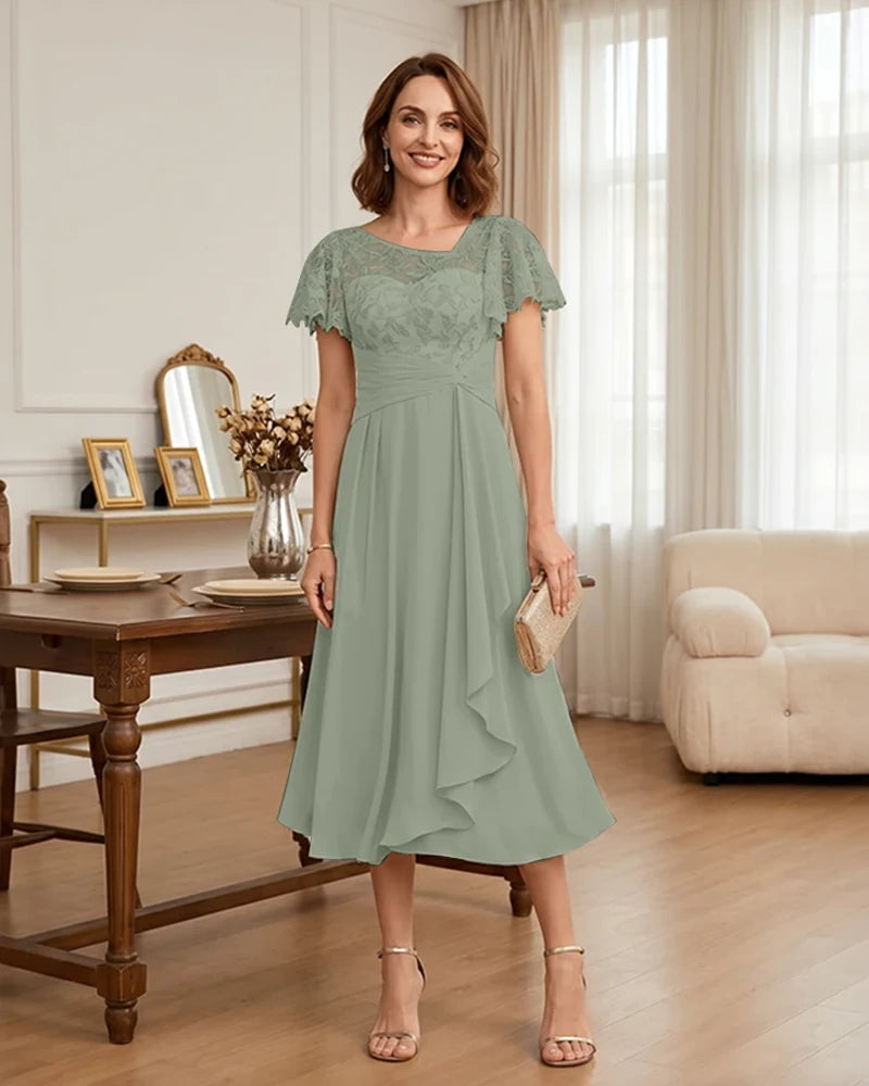 Floral Lace Overlay Layered Mother of the Bride Dress