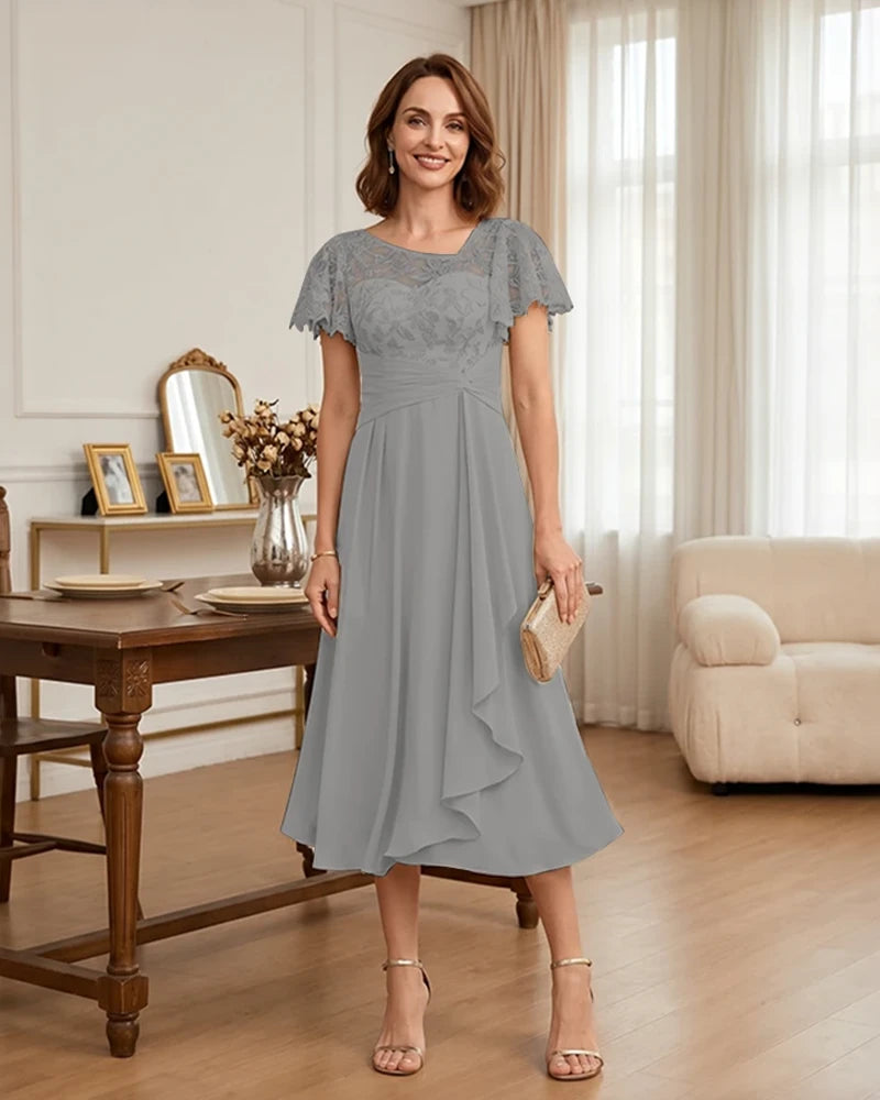 Floral Lace Overlay Layered Mother of the Bride Dress