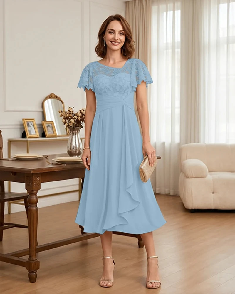Floral Lace Overlay Layered Mother of the Bride Dress