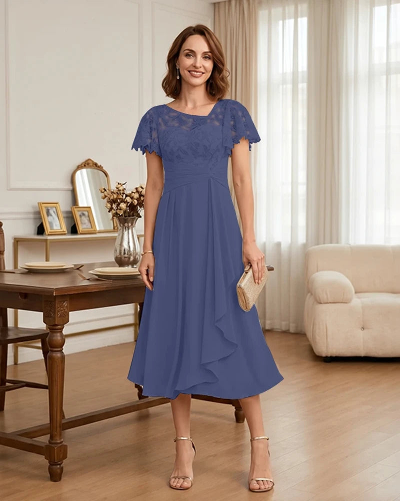 Floral Lace Overlay Layered Mother of the Bride Dress