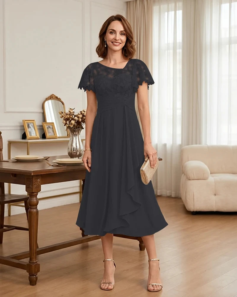 Floral Lace Overlay Layered Mother of the Bride Dress