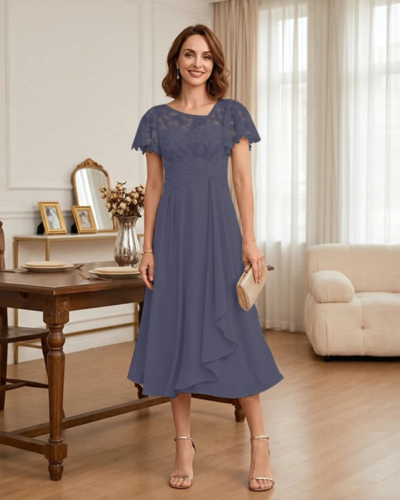 Floral Lace Overlay Layered Mother of the Bride Dress
