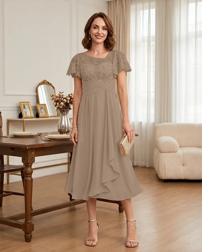 Floral Lace Overlay Layered Mother of the Bride Dress