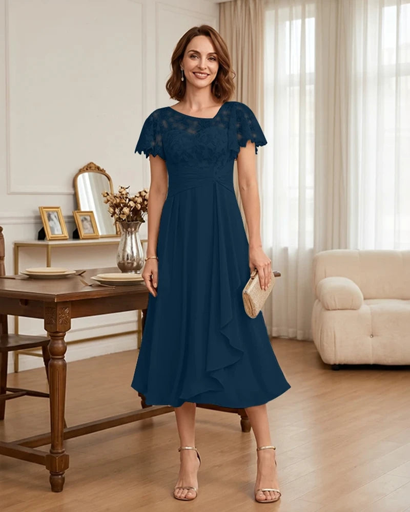 Floral Lace Overlay Layered Mother of the Bride Dress