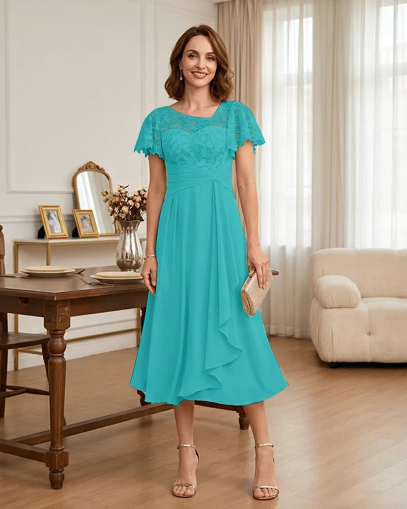Floral Lace Overlay Layered Mother of the Bride Dress