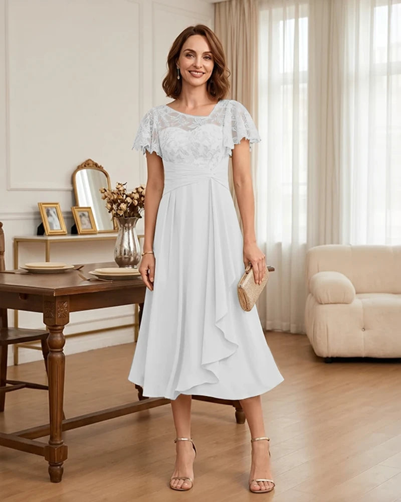 Floral Lace Overlay Layered Mother of the Bride Dress