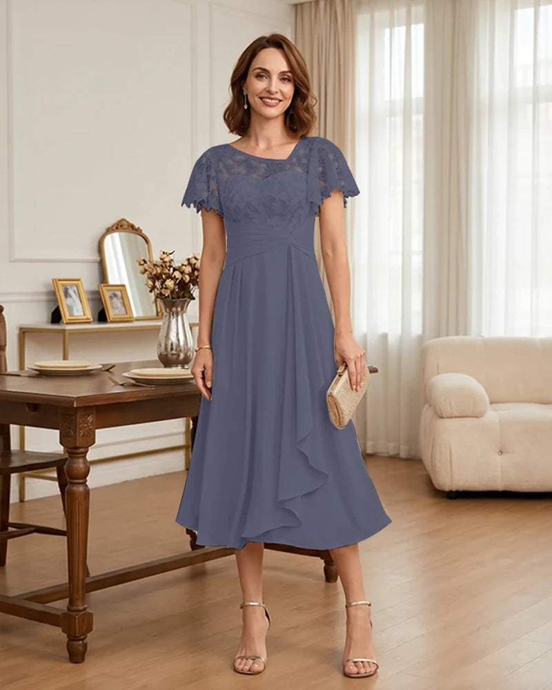 Floral Lace Overlay Layered Mother of the Bride Dress