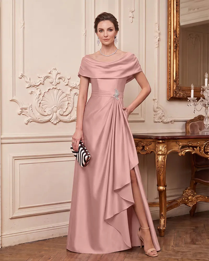 Off Shoulder Satin Mother of the Bride Dress with Rhinestone