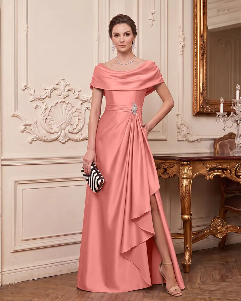 Off Shoulder Satin Mother of the Bride Dress with Rhinestone