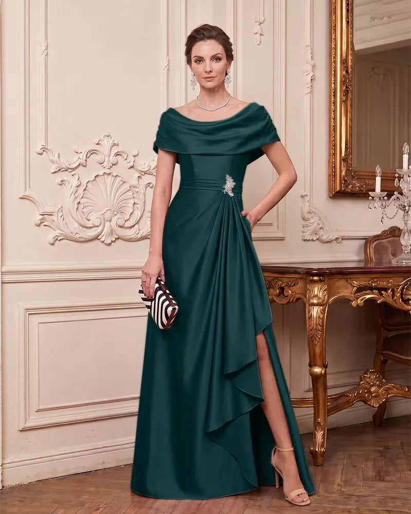 Off Shoulder Satin Mother of the Bride Dress with Rhinestone