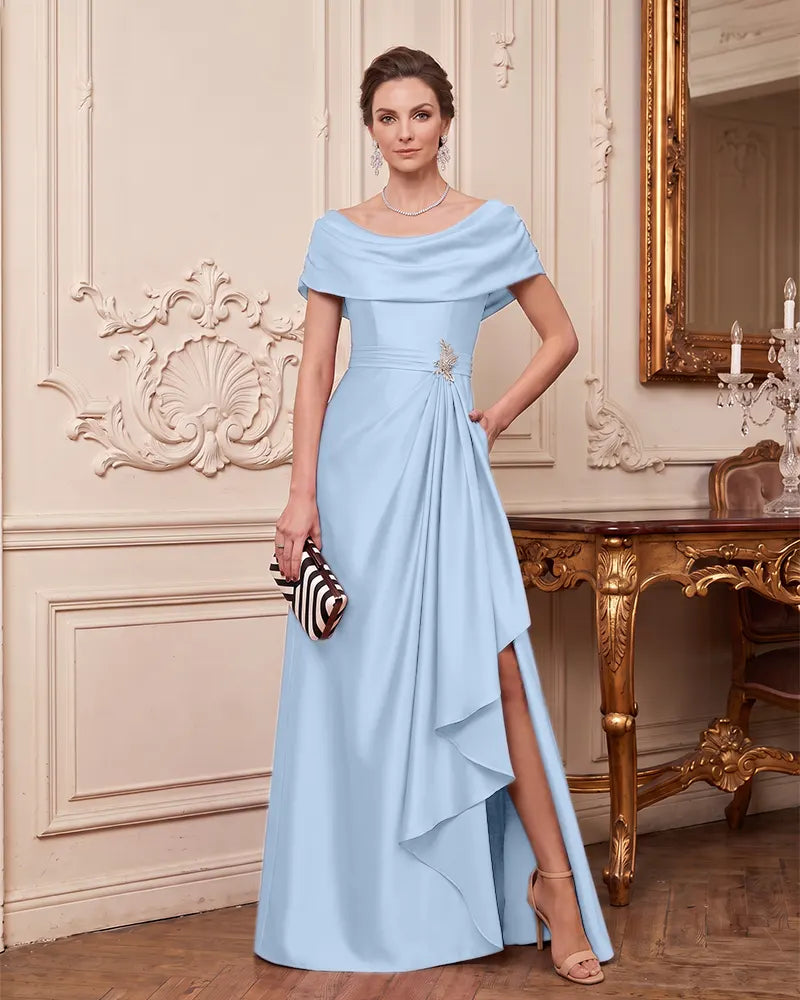 Off Shoulder Satin Mother of the Bride Dress with Rhinestone