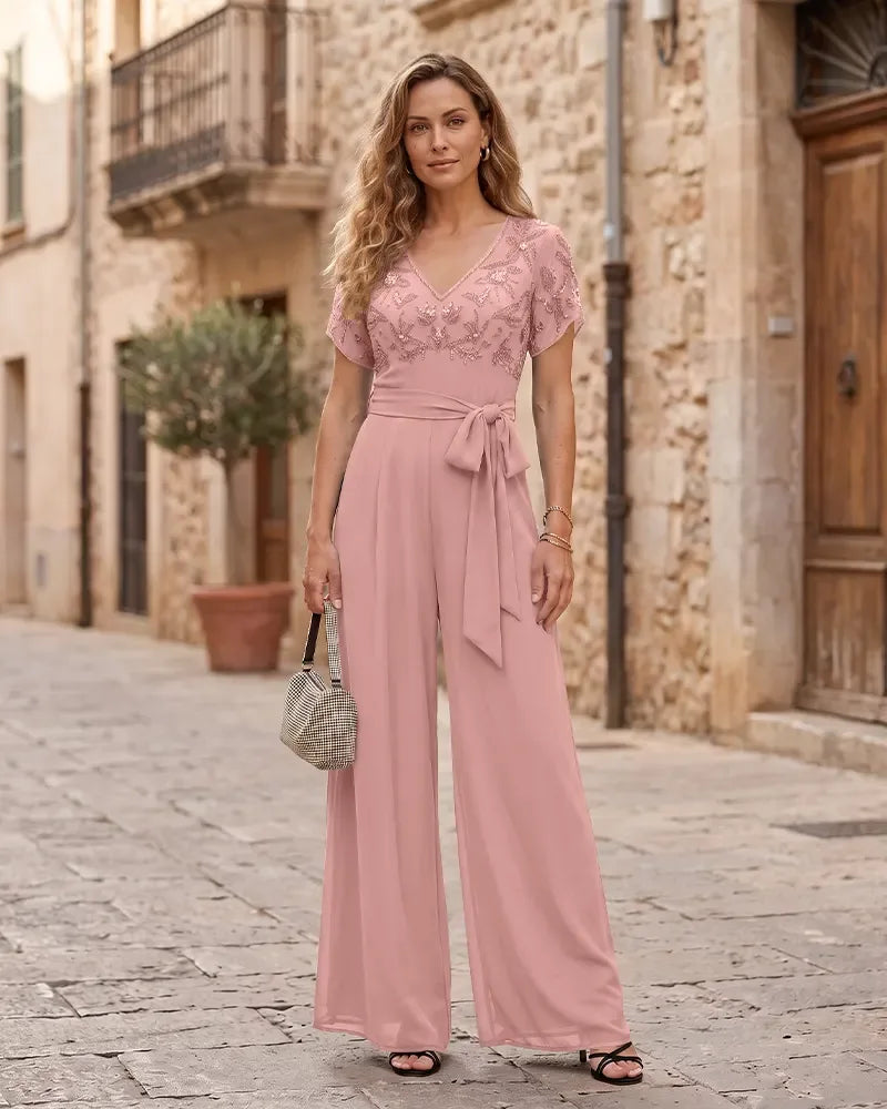V‑Neck Mother of the Bride Jumpsuit with Tie Waist