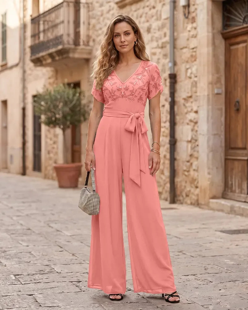 V‑Neck Mother of the Bride Jumpsuit with Tie Waist