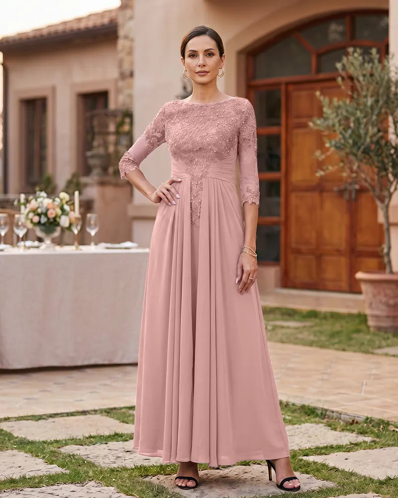 Lace Mother of the Bride Dress with 3/4 Mesh Sleeves