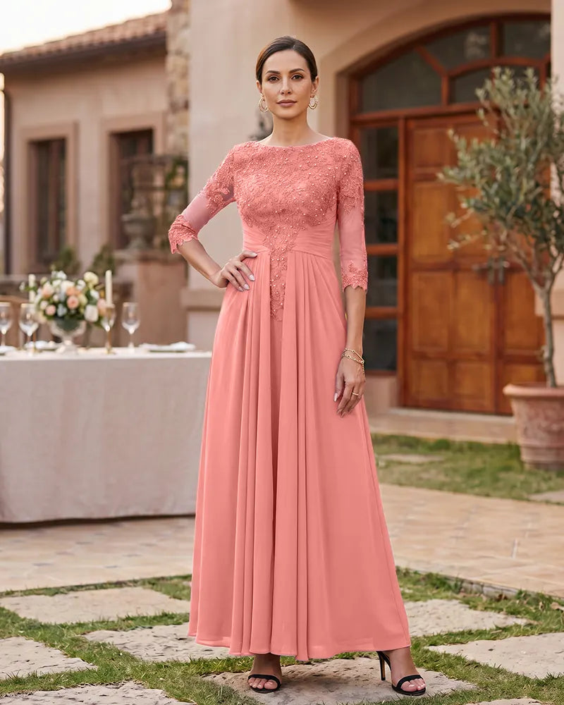 Lace Mother of the Bride Dress with 3/4 Mesh Sleeves