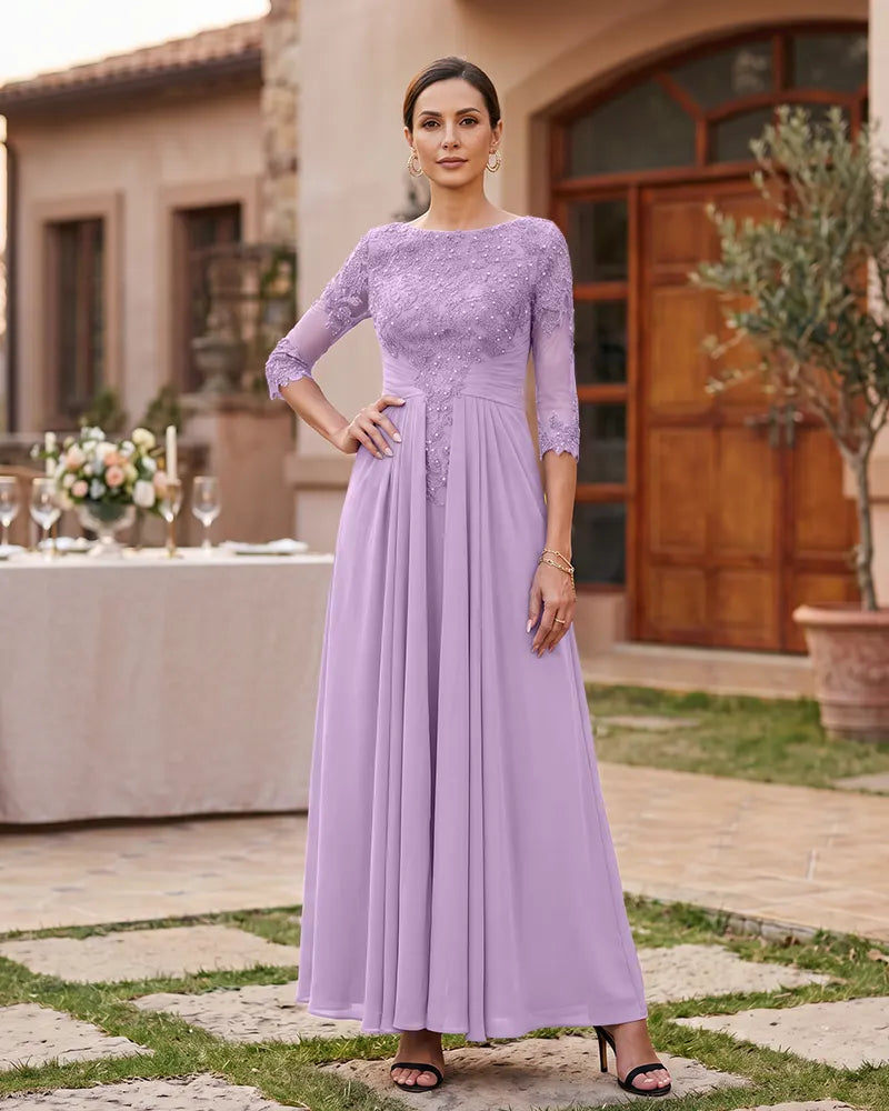 Lace Mother of the Bride Dress with 3/4 Mesh Sleeves