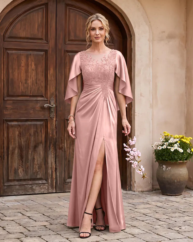 Cape Sleeve Mother of the Bride Dress with Beaded Lace Appliques