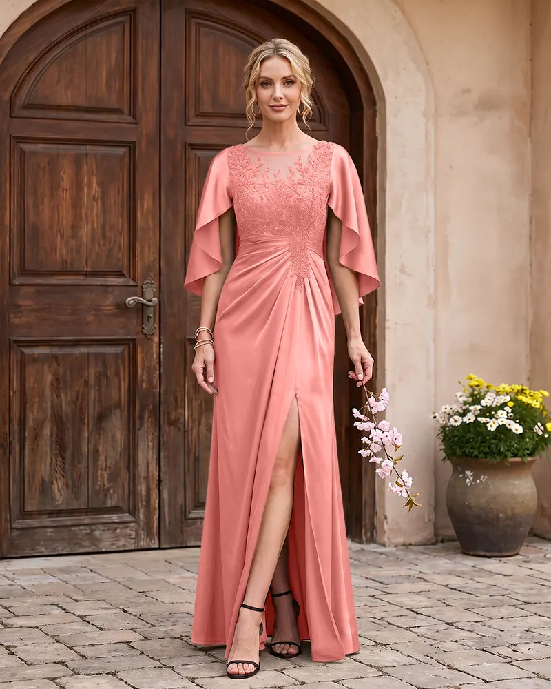 Cape Sleeve Mother of the Bride Dress with Beaded Lace Appliques