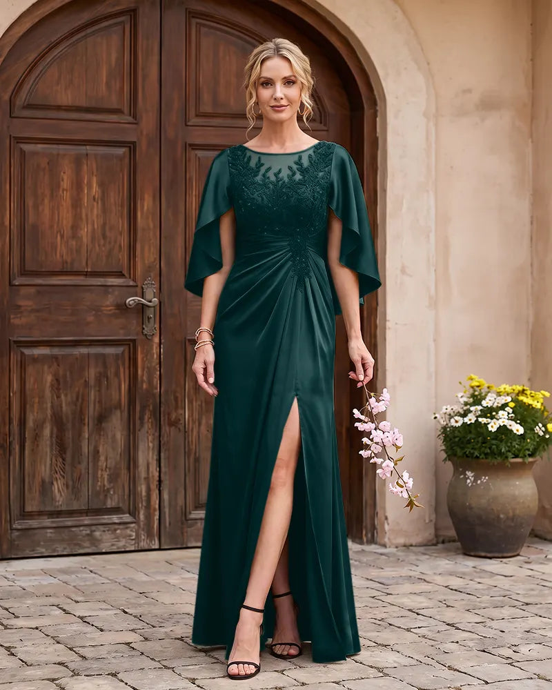 Cape Sleeve Mother of the Bride Dress with Beaded Lace Appliques