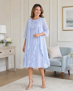Floral-Lace-Top-Midi-Dress-Matching-Ruffle-Chiffon-Shrug-Set-1