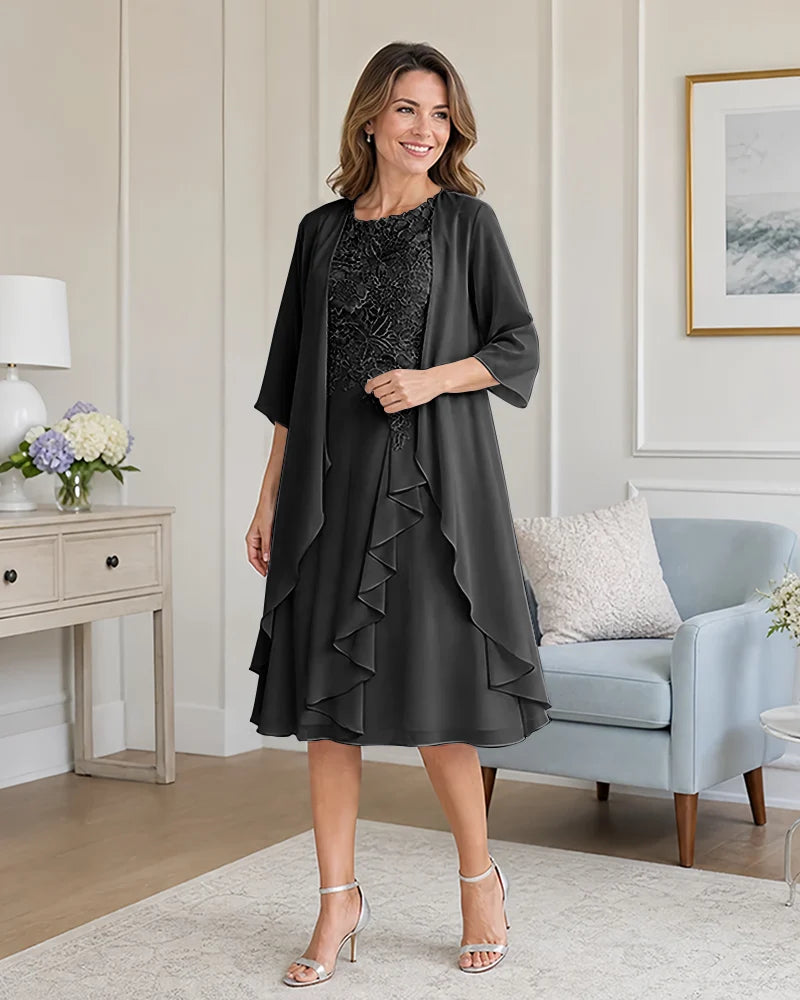 Floral-Lace-Top-Midi-Dress-Matching-Ruffle-Chiffon-Shrug-Black-1