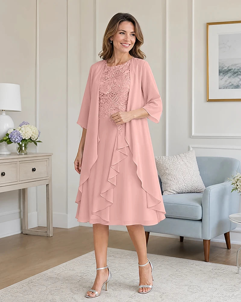 Floral-Lace-Top-Midi-Dress-Matching-Ruffle-Chiffon-Shrug-Blushing-Pink-1
